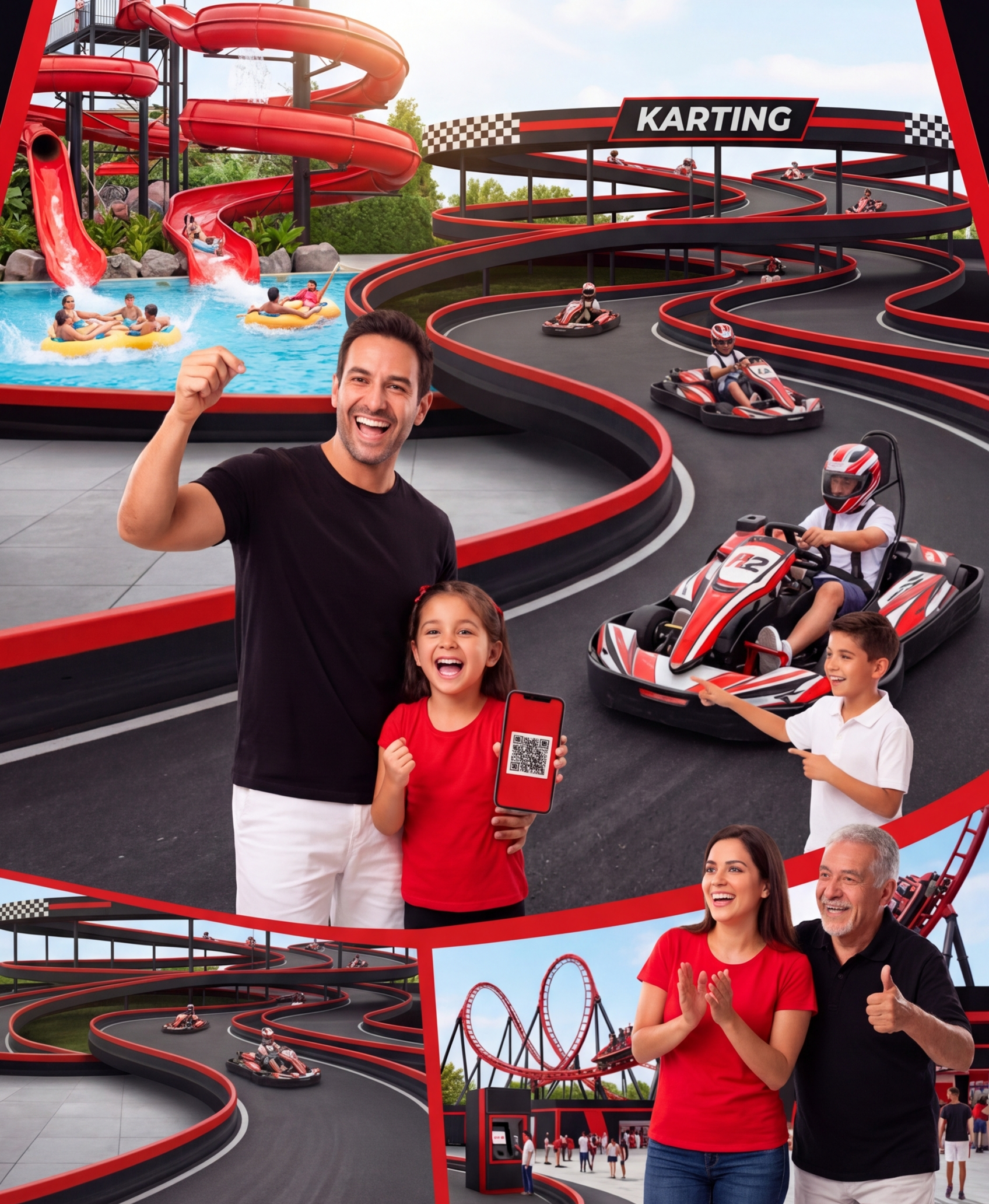 Familia feliz en un parque de diversiones